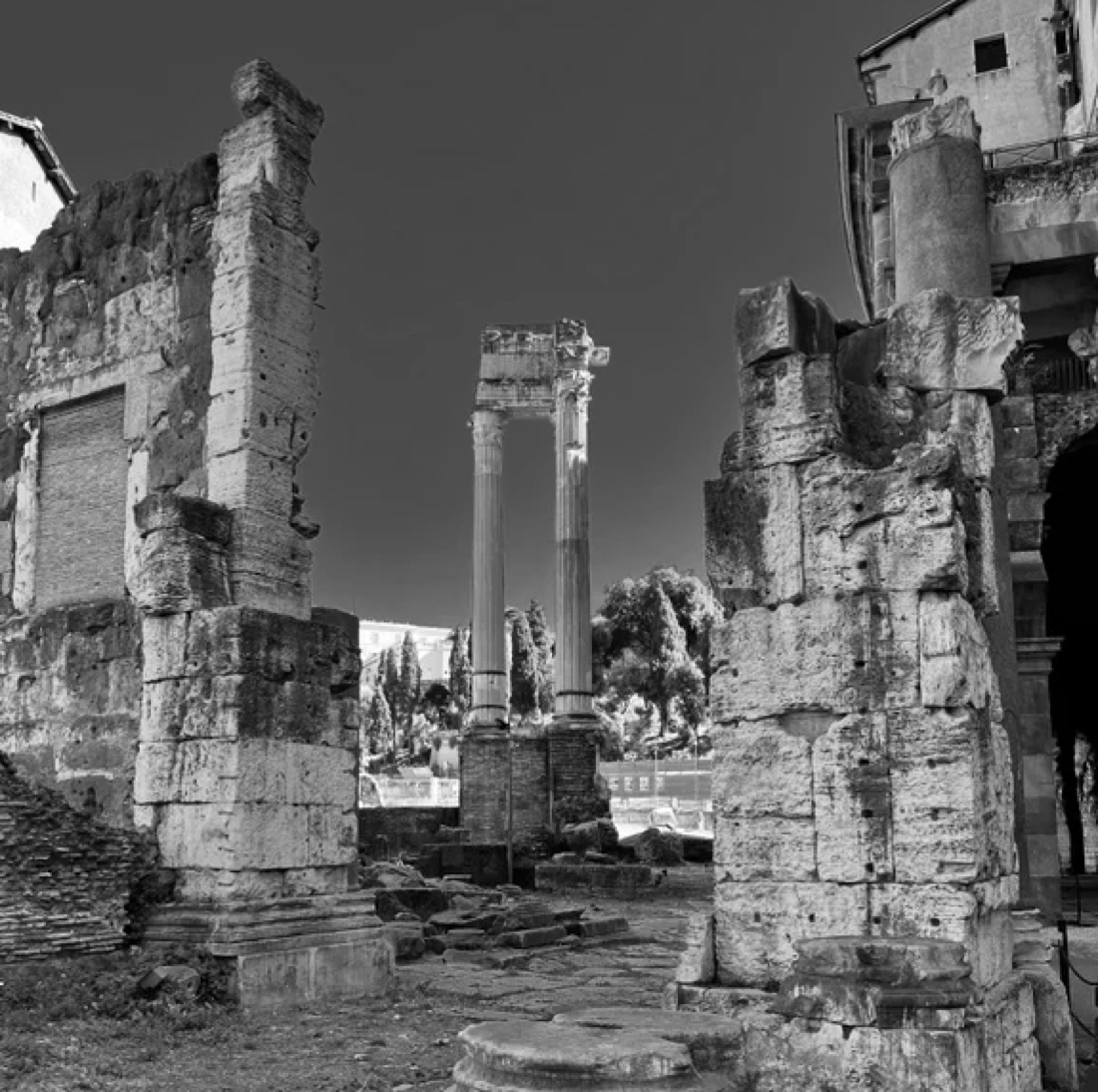 Cover study: Roman ruins with standing columns, black and white